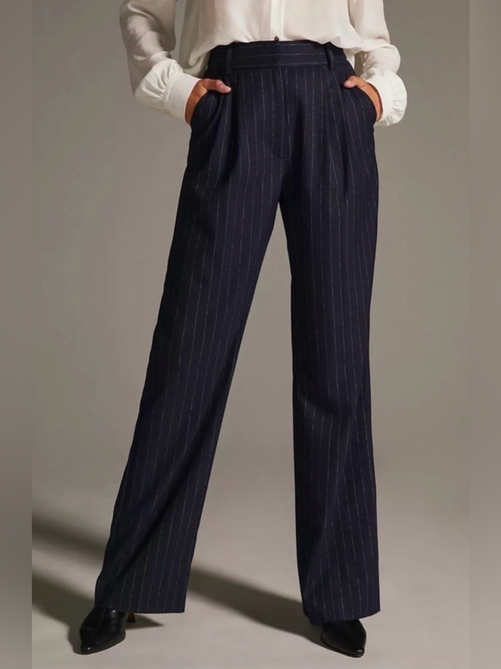 Anthropologie Favorite Daughter Navy Pinstripe Wide Leg High Rise Trouser Pants - Picture 6 of 8